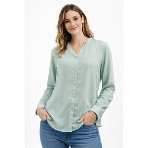 Port Authority Womens Button Front Blouse Mint Green Long Sleeve Size L Office
